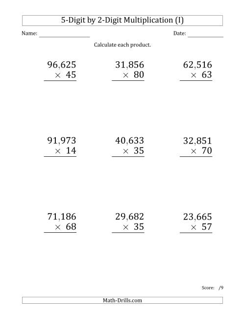 The Multiplying 5-Digit by 2-Digit Numbers (Large Print) with Comma-Separated Thousands (I) Math Worksheet