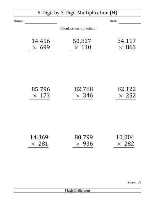 The Multiplying 5-Digit by 3-Digit Numbers (Large Print) with Comma-Separated Thousands (H) Math Worksheet