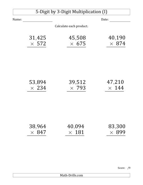 The Multiplying 5-Digit by 3-Digit Numbers (Large Print) with Comma-Separated Thousands (I) Math Worksheet