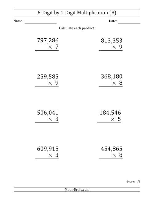 The Multiplying 6-Digit by 1-Digit Numbers (Large Print) with Comma-Separated Thousands (B) Math Worksheet