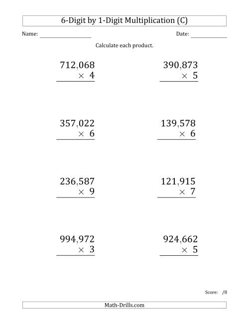 The Multiplying 6-Digit by 1-Digit Numbers (Large Print) with Comma-Separated Thousands (C) Math Worksheet