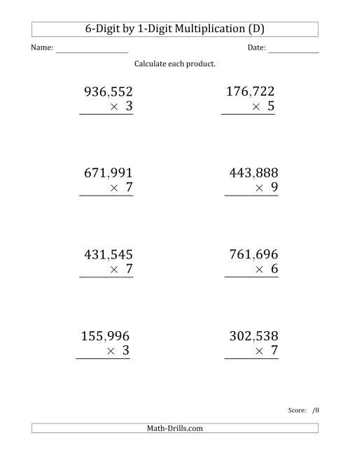 The Multiplying 6-Digit by 1-Digit Numbers (Large Print) with Comma-Separated Thousands (D) Math Worksheet