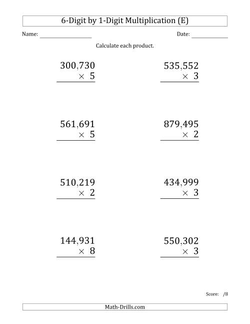 The Multiplying 6-Digit by 1-Digit Numbers (Large Print) with Comma-Separated Thousands (E) Math Worksheet