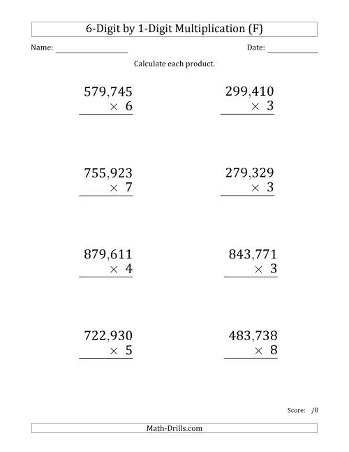 The Multiplying 6-Digit by 1-Digit Numbers (Large Print) with Comma-Separated Thousands (F) Math Worksheet