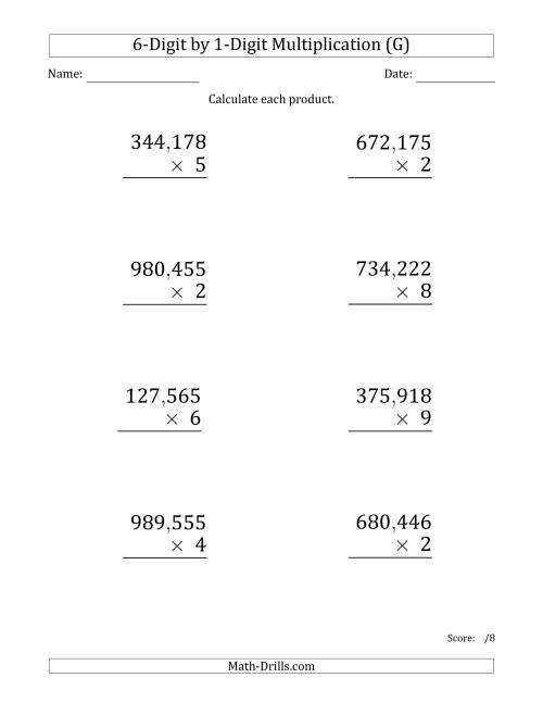 The Multiplying 6-Digit by 1-Digit Numbers (Large Print) with Comma-Separated Thousands (G) Math Worksheet