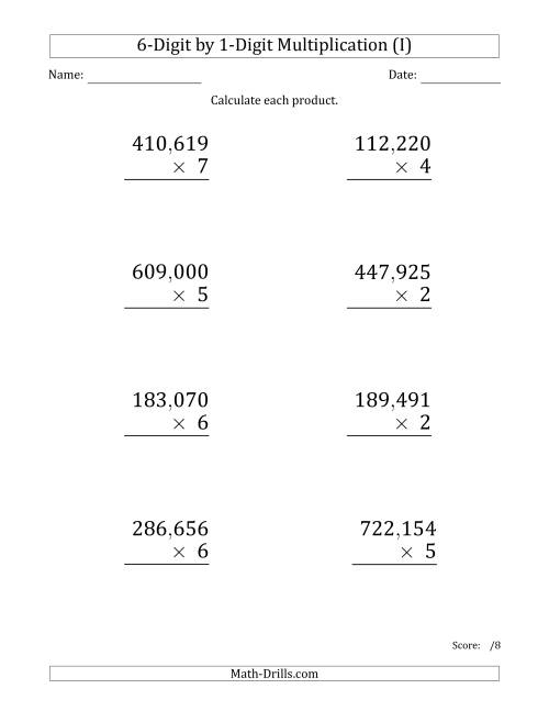 The Multiplying 6-Digit by 1-Digit Numbers (Large Print) with Comma-Separated Thousands (I) Math Worksheet