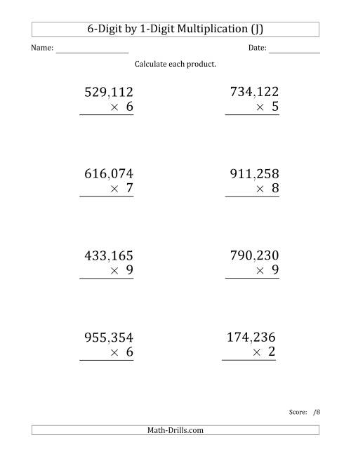 The Multiplying 6-Digit by 1-Digit Numbers (Large Print) with Comma-Separated Thousands (J) Math Worksheet