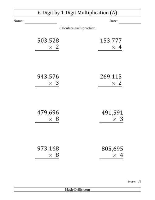 The Multiplying 6-Digit by 1-Digit Numbers (Large Print) with Comma-Separated Thousands (All) Math Worksheet