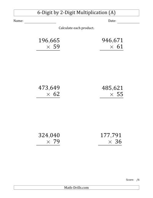 The Multiplying 6-Digit by 2-Digit Numbers (Large Print) with Comma-Separated Thousands (A) Math Worksheet