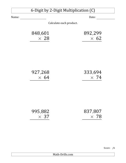 The Multiplying 6-Digit by 2-Digit Numbers (Large Print) with Comma-Separated Thousands (C) Math Worksheet