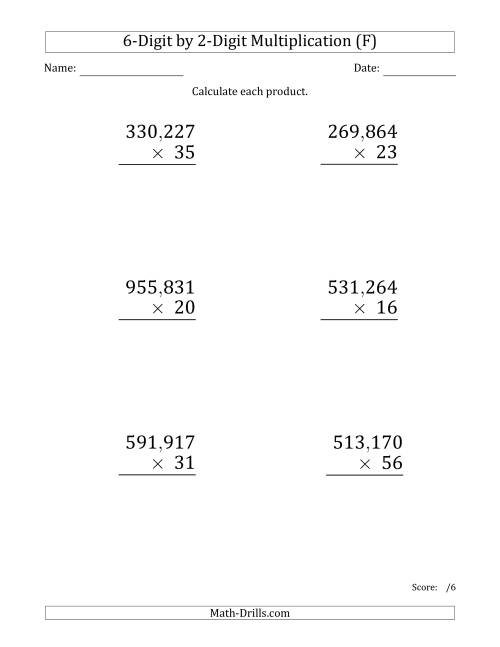 The Multiplying 6-Digit by 2-Digit Numbers (Large Print) with Comma-Separated Thousands (F) Math Worksheet