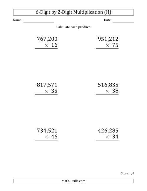 The Multiplying 6-Digit by 2-Digit Numbers (Large Print) with Comma-Separated Thousands (H) Math Worksheet