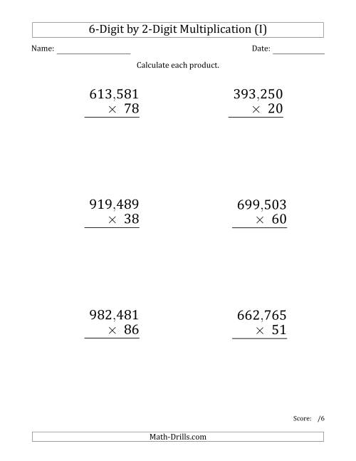 The Multiplying 6-Digit by 2-Digit Numbers (Large Print) with Comma-Separated Thousands (I) Math Worksheet