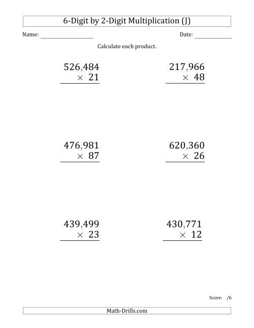The Multiplying 6-Digit by 2-Digit Numbers (Large Print) with Comma-Separated Thousands (J) Math Worksheet