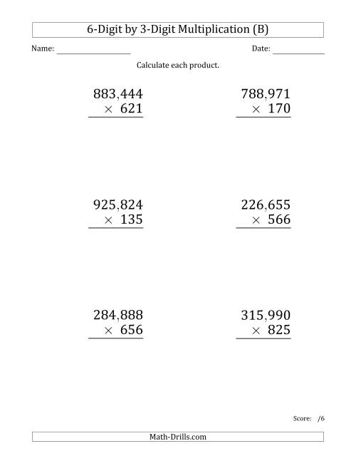 The Multiplying 6-Digit by 3-Digit Numbers (Large Print) with Comma-Separated Thousands (B) Math Worksheet