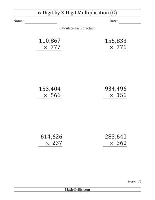The Multiplying 6-Digit by 3-Digit Numbers (Large Print) with Comma-Separated Thousands (C) Math Worksheet