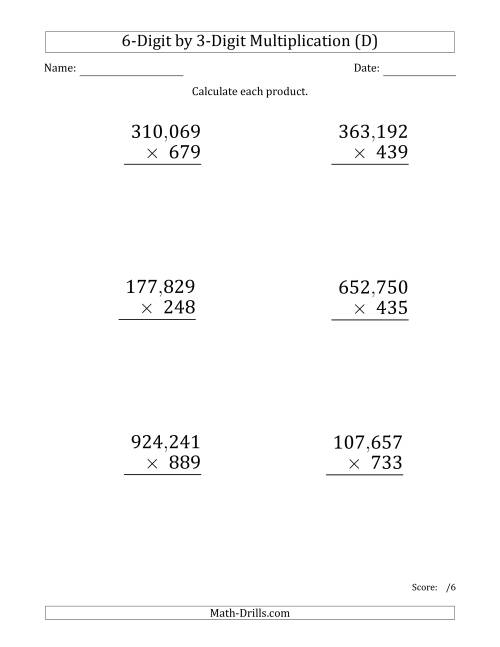 The Multiplying 6-Digit by 3-Digit Numbers (Large Print) with Comma-Separated Thousands (D) Math Worksheet