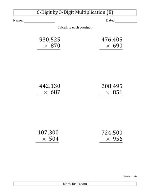 The Multiplying 6-Digit by 3-Digit Numbers (Large Print) with Comma-Separated Thousands (E) Math Worksheet
