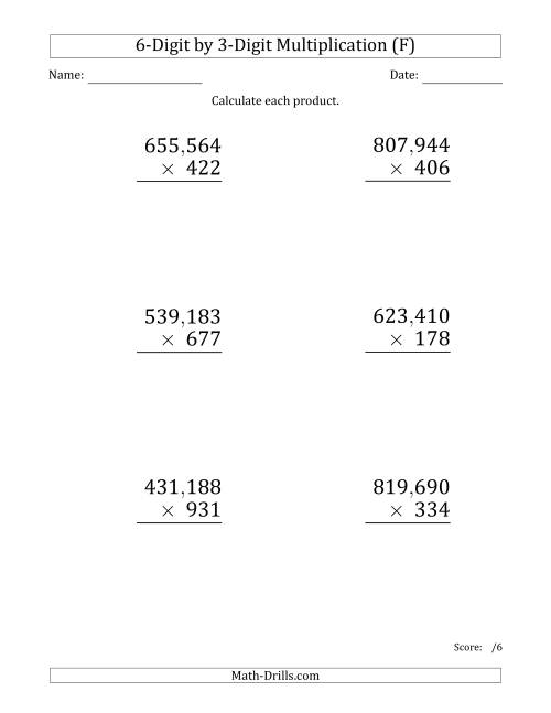 The Multiplying 6-Digit by 3-Digit Numbers (Large Print) with Comma-Separated Thousands (F) Math Worksheet