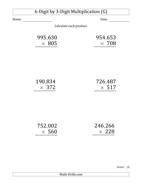 The Multiplying 6-Digit by 3-Digit Numbers (Large Print) with Comma-Separated Thousands (G) Math Worksheet