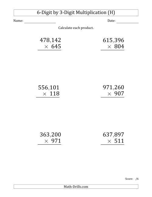 The Multiplying 6-Digit by 3-Digit Numbers (Large Print) with Comma-Separated Thousands (H) Math Worksheet