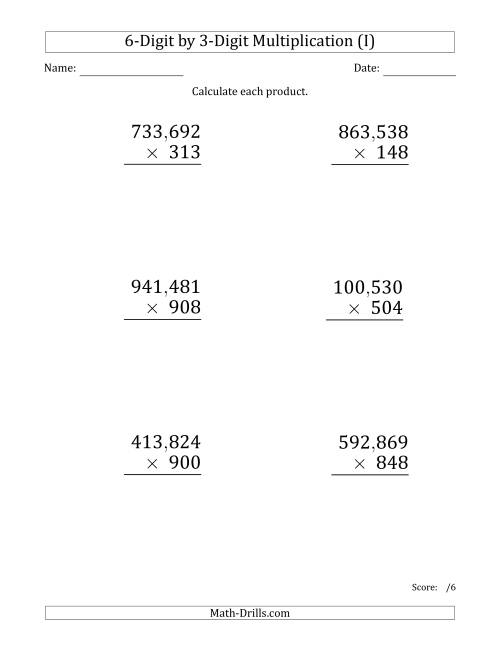 The Multiplying 6-Digit by 3-Digit Numbers (Large Print) with Comma-Separated Thousands (I) Math Worksheet