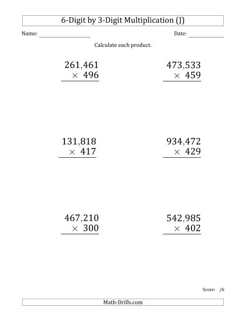 The Multiplying 6-Digit by 3-Digit Numbers (Large Print) with Comma-Separated Thousands (J) Math Worksheet