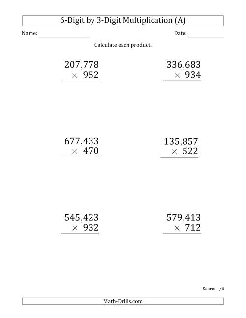 The Multiplying 6-Digit by 3-Digit Numbers (Large Print) with Comma-Separated Thousands (All) Math Worksheet
