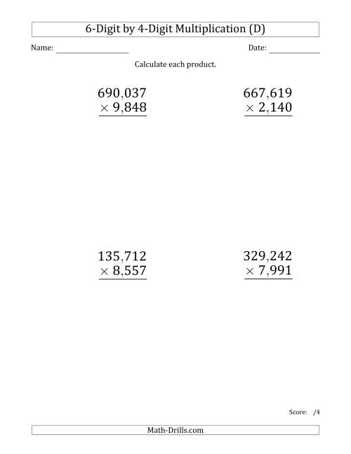 The Multiplying 6-Digit by 4-Digit Numbers (Large Print) with Comma-Separated Thousands (D) Math Worksheet