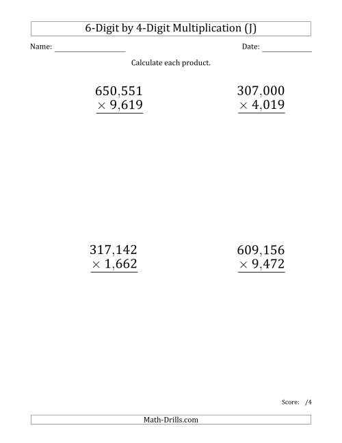 The Multiplying 6-Digit by 4-Digit Numbers (Large Print) with Comma-Separated Thousands (J) Math Worksheet