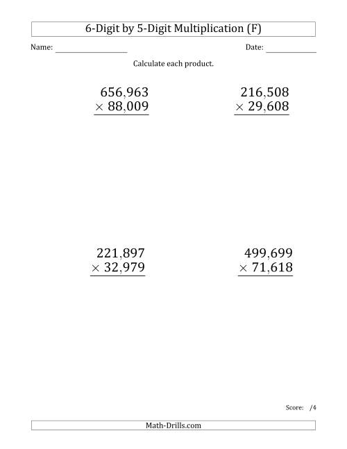 The Multiplying 6-Digit by 5-Digit Numbers (Large Print) with Comma-Separated Thousands (F) Math Worksheet