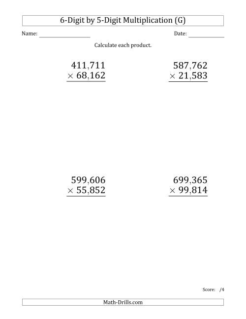The Multiplying 6-Digit by 5-Digit Numbers (Large Print) with Comma-Separated Thousands (G) Math Worksheet