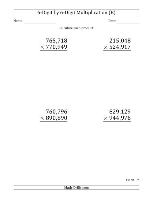 The Multiplying 6-Digit by 6-Digit Numbers (Large Print) with Comma-Separated Thousands (B) Math Worksheet
