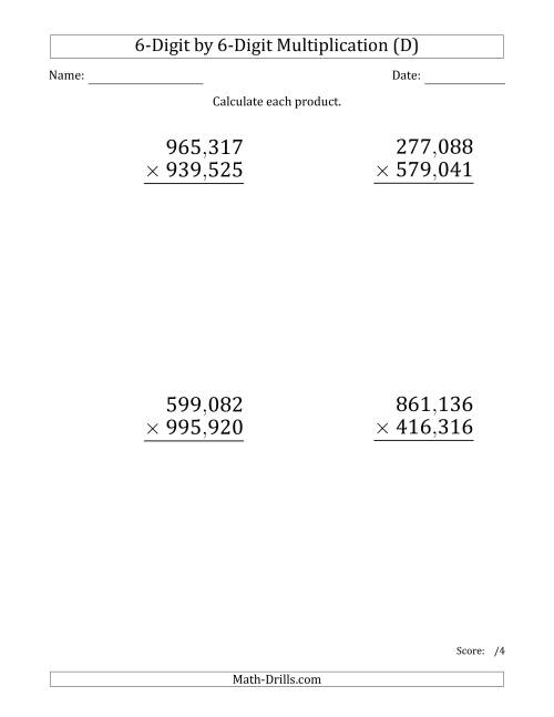 The Multiplying 6-Digit by 6-Digit Numbers (Large Print) with Comma-Separated Thousands (D) Math Worksheet