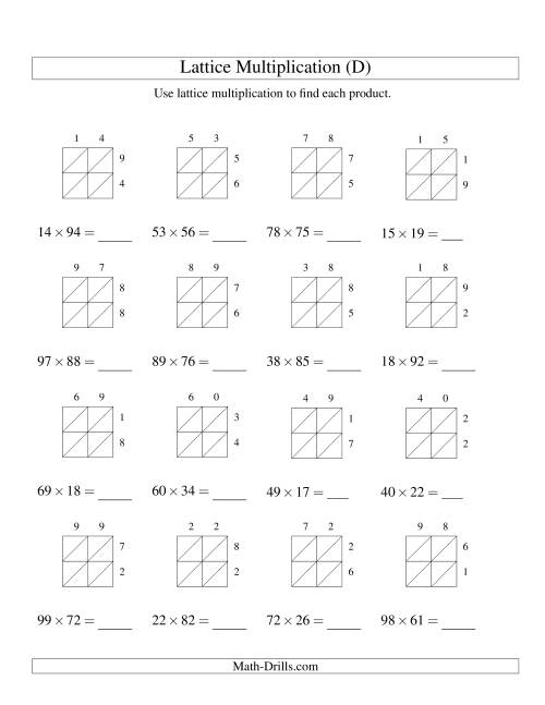 The 2-Digit by 2-Digit Lattice Multiplication (D) Math Worksheet