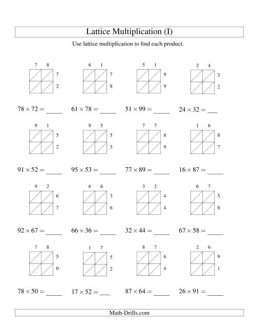 The 2-Digit by 2-Digit Lattice Multiplication (I) Math Worksheet