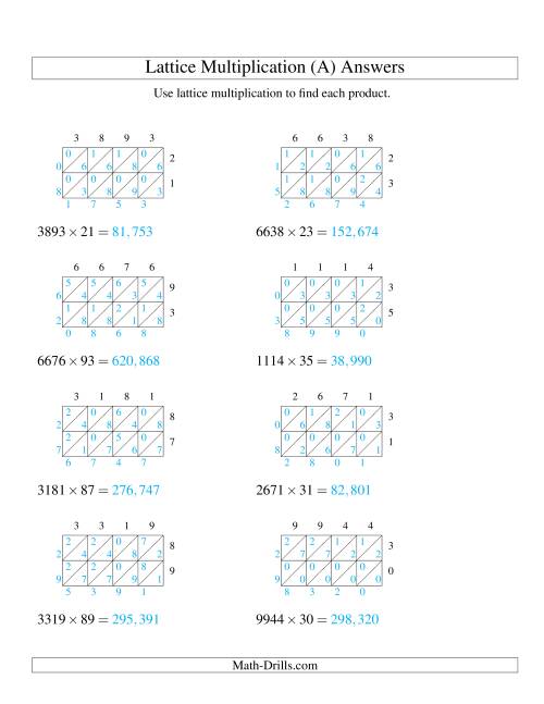 The 4-Digit by 2-Digit Lattice Multiplication (A) Math Worksheet Page 2