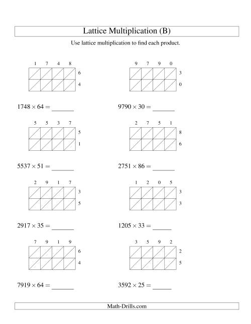 The 4-Digit by 2-Digit Lattice Multiplication (B) Math Worksheet