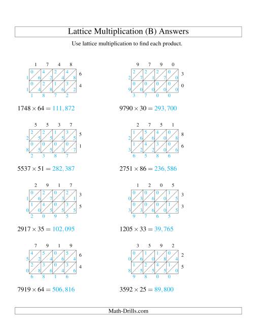 The 4-Digit by 2-Digit Lattice Multiplication (B) Math Worksheet Page 2