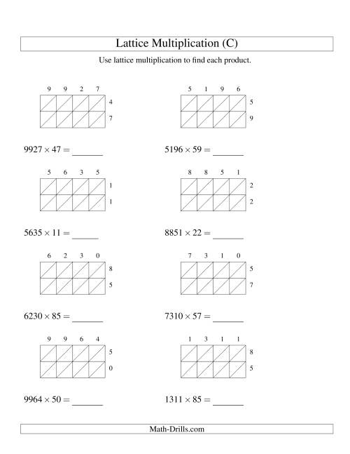 The 4-Digit by 2-Digit Lattice Multiplication (C) Math Worksheet