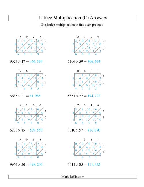 The 4-Digit by 2-Digit Lattice Multiplication (C) Math Worksheet Page 2
