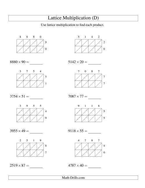 The 4-Digit by 2-Digit Lattice Multiplication (D) Math Worksheet