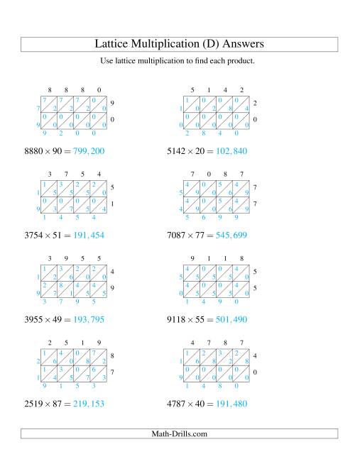 The 4-Digit by 2-Digit Lattice Multiplication (D) Math Worksheet Page 2
