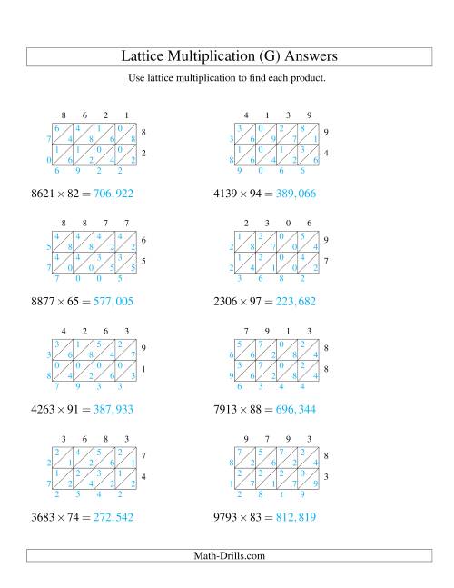 The 4-Digit by 2-Digit Lattice Multiplication (G) Math Worksheet Page 2