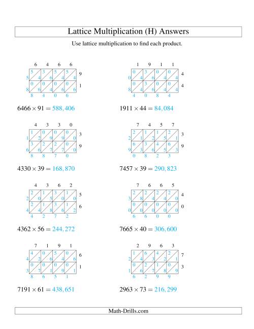 The 4-Digit by 2-Digit Lattice Multiplication (H) Math Worksheet Page 2