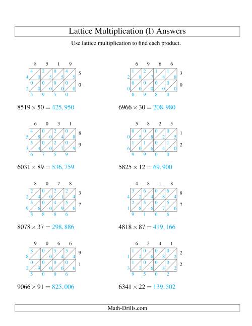 The 4-Digit by 2-Digit Lattice Multiplication (I) Math Worksheet Page 2