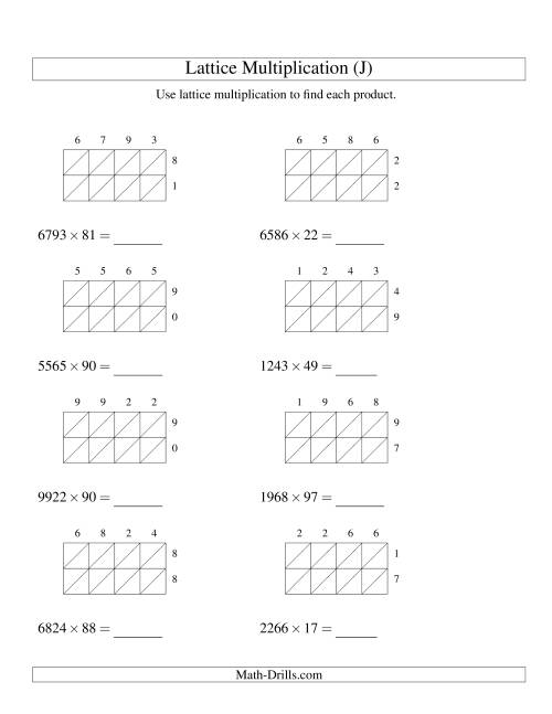 The 4-Digit by 2-Digit Lattice Multiplication (J) Math Worksheet