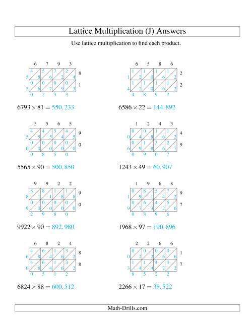 The 4-Digit by 2-Digit Lattice Multiplication (J) Math Worksheet Page 2