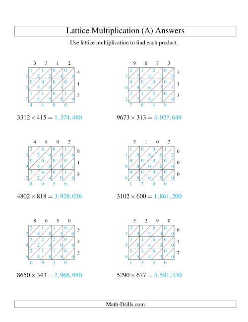 The 4-Digit by 3-Digit Lattice Multiplication (A) Math Worksheet Page 2