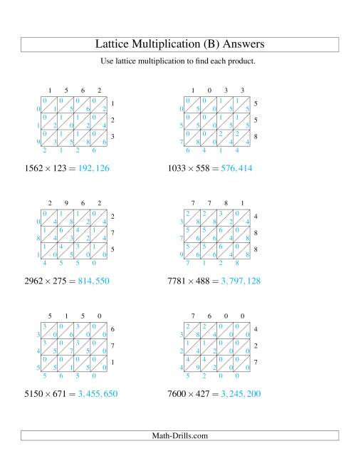 The 4-Digit by 3-Digit Lattice Multiplication (B) Math Worksheet Page 2
